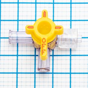 4-Way Stopcock, Yellow, 2 Female Luer Locks, Male Luer with Spin Lock