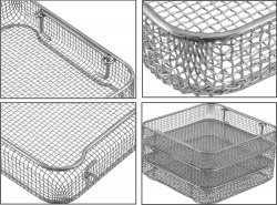 Wire basket closeups of drop handles, corners and stackability